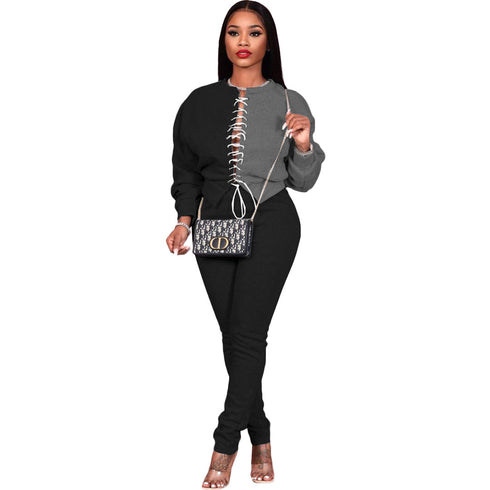 Stylish Patchwork Women's Lace-up Two Piece Outfit