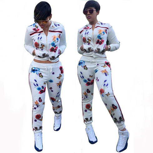 Stylish Print Zip Up Sportswear Women's Two Piece Outfits