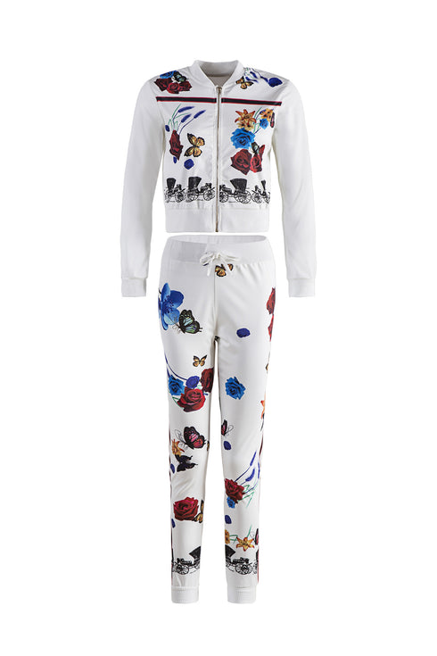 Stylish Print Zip Up Sportswear Women's Two Piece Outfits