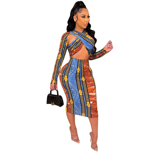 Stylish Printed Plus Size Women's Sexy Cross-belt Dress
