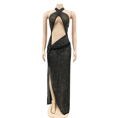 Stylish Women's Crop Sequins Backless Slit Maxi Dresses