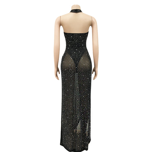 Stylish Women's Crop Sequins Backless Slit Maxi Dresses