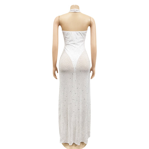 Stylish Women's Crop Sequins Backless Slit Maxi Dresses