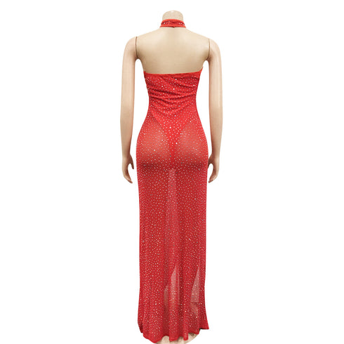 Stylish Women's Crop Sequins Backless Slit Maxi Dresses