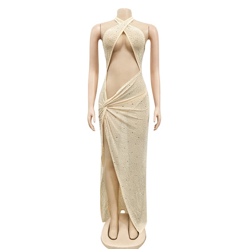 Stylish Women's Crop Sequins Backless Slit Maxi Dresses