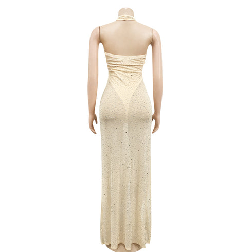 Stylish Women's Crop Sequins Backless Slit Maxi Dresses