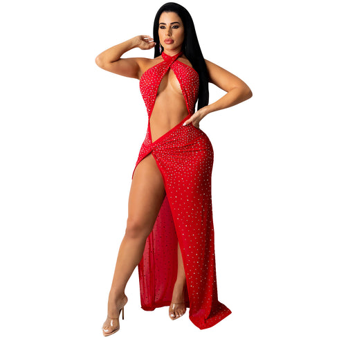 Stylish Women's Crop Sequins Backless Slit Maxi Dresses