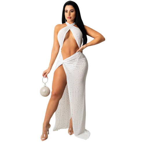 Stylish Women's Crop Sequins Backless Slit Maxi Dresses