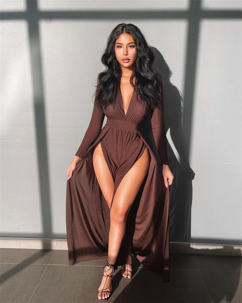 Stylish Women's Deep V-neck Style Slit Evening Dress