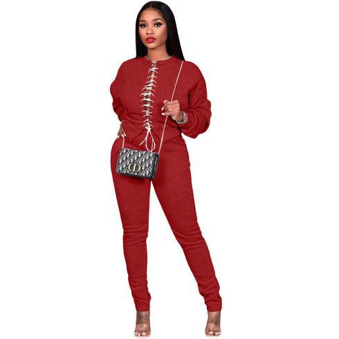 Stylish Women's Lace-up Tops Two Piece Outfit Pants
