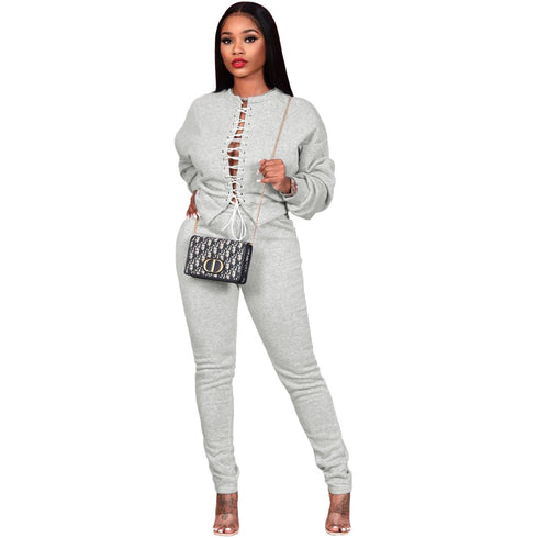Stylish Women's Lace-up Tops Two Piece Outfit Pants