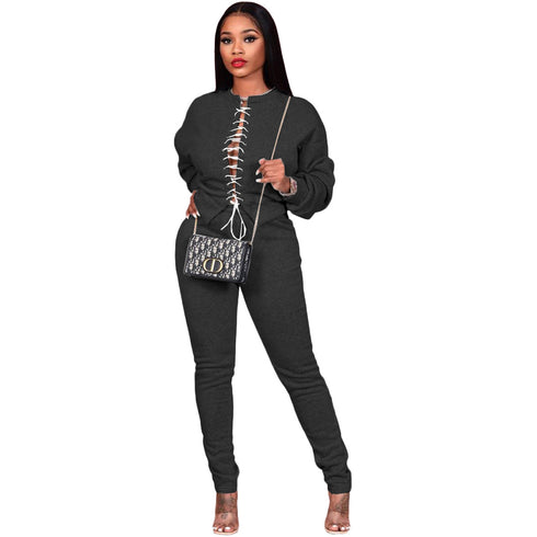 Stylish Women's Lace-up Tops Two Piece Outfit Pants