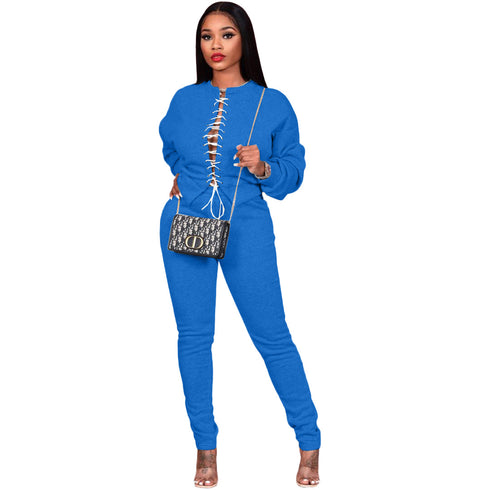 Stylish Women's Lace-up Tops Two Piece Outfit Pants