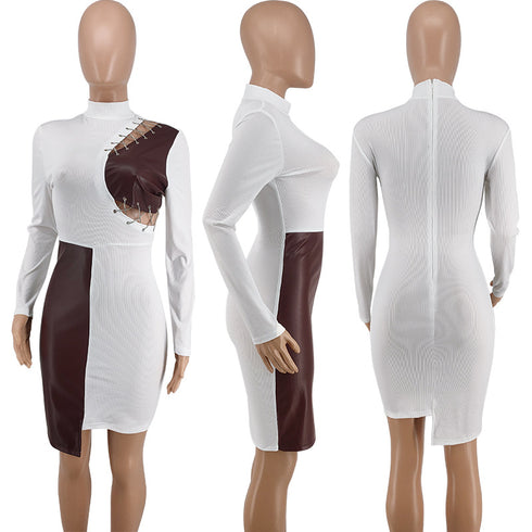 Stylish Women's Patchwork Imitation Leather Bodycon Dresses