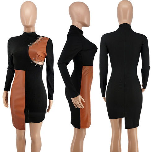 Stylish Women's Patchwork Imitation Leather Bodycon Dresses