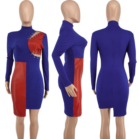 Stylish Women's Patchwork Imitation Leather Bodycon Dresses