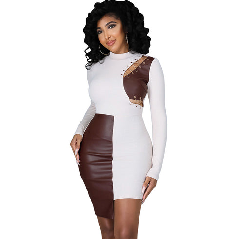 Stylish Women's Patchwork Imitation Leather Bodycon Dresses