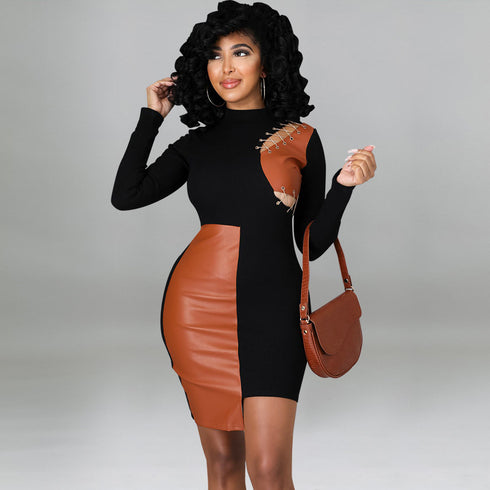 Stylish Women's Patchwork Imitation Leather Bodycon Dresses