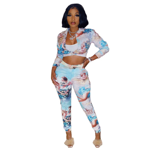 Stylish Women's Print Crop Tops Two Piece Outfits