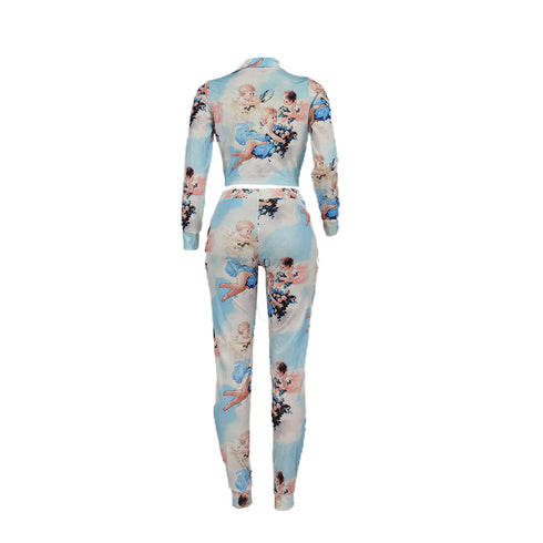 Stylish Women's Print Crop Tops Two Piece Outfits