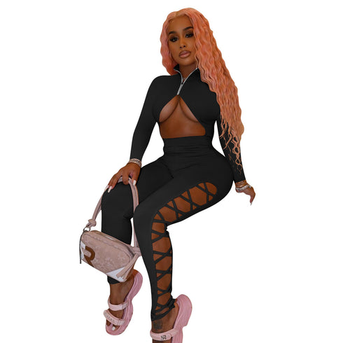 Stylish Women's Sexy Solid Color Zip-up Cardigan Jumpsuit