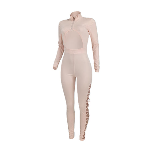 Stylish Women's Sexy Solid Color Zip-up Cardigan Jumpsuit