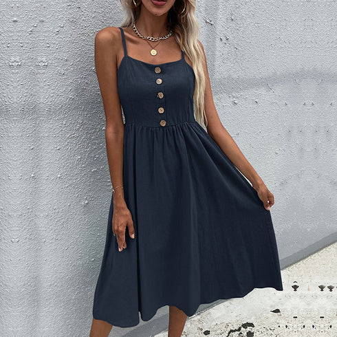 Summer Cotton Linen Dress Women's Slim Strappy Dress