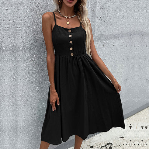 Summer Cotton Linen Dress Women's Slim Strappy Dress