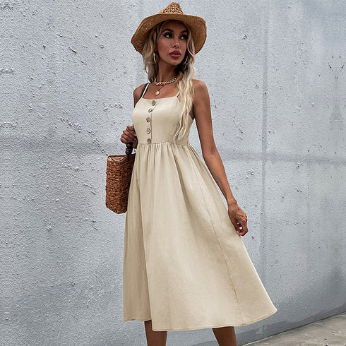 Summer Cotton Linen Dress Women's Slim Strappy Dress