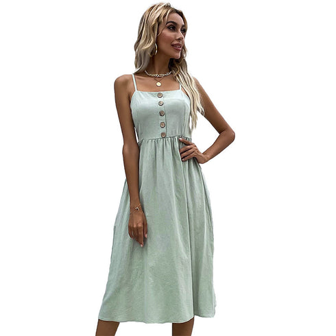 Summer Cotton Linen Dress Women's Slim Strappy Dress