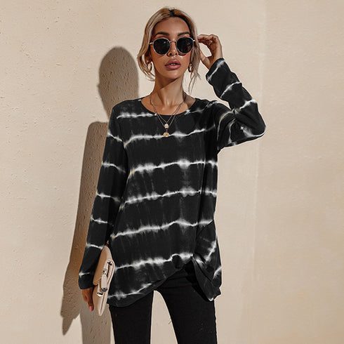 Tie-dye Stripes Round Collar Top Pullover T-shirt Women's Tops