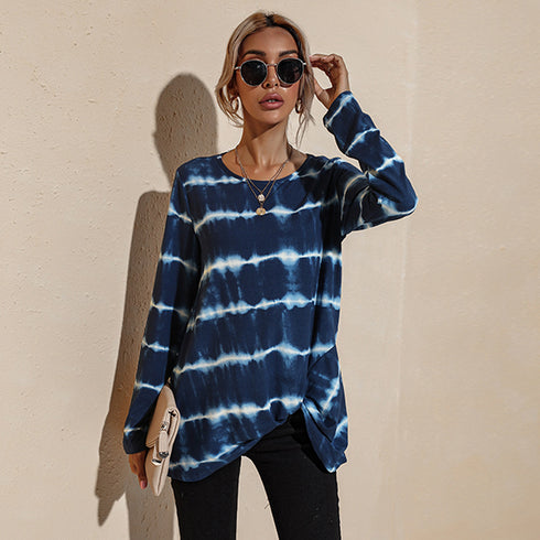 Tie-dye Stripes Round Collar Top Pullover T-shirt Women's Tops