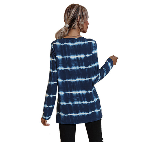 Tie-dye Stripes Round Collar Top Pullover T-shirt Women's Tops