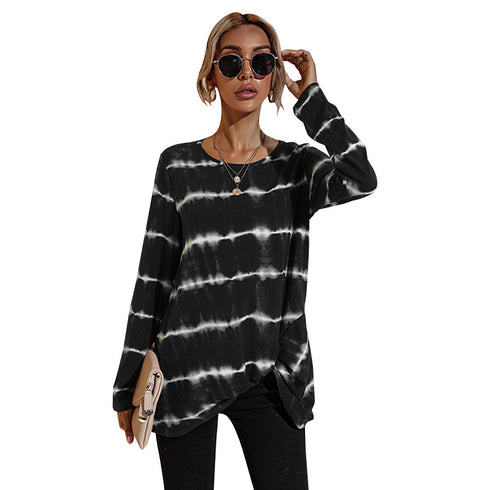 Tie-dye Stripes Round Collar Top Pullover T-shirt Women's Tops