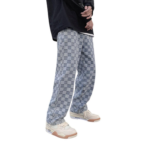 Loose Fashion Men's Plaid Denim Jeans