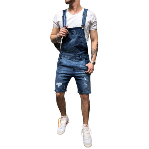 Men's Bib Overalls Ripped Denim Jumpsuit Romper Workout Shorts Jean