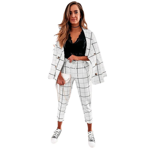 Plaid Women's Blazers Jackets Long Pant Two Piece Outfits