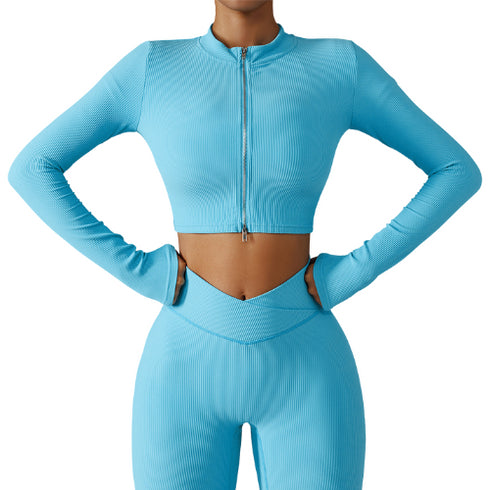 Women's Outdoor Long Sleeve Zipper Fitness Crop Tops