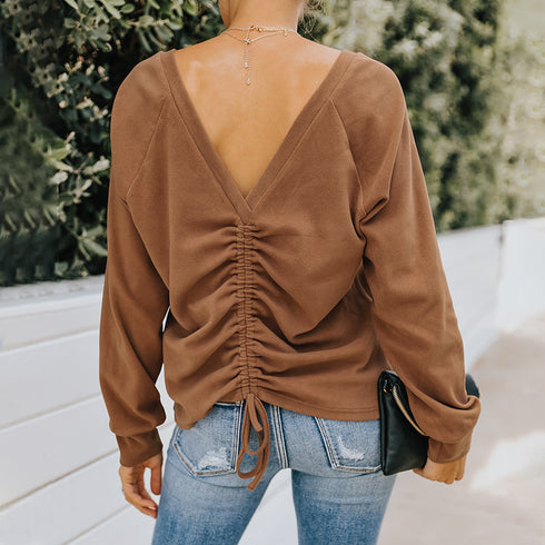 V Neck Top Sexy Backless Pullover T-shirt Women's Tops