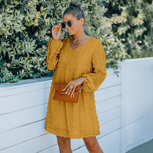 V Neck Women's Fit Dress Doll Dress Jacquard Dress