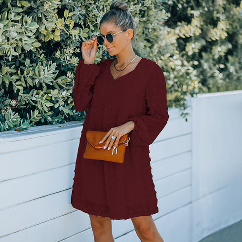 V Neck Women's Fit Dress Doll Dress Jacquard Dress