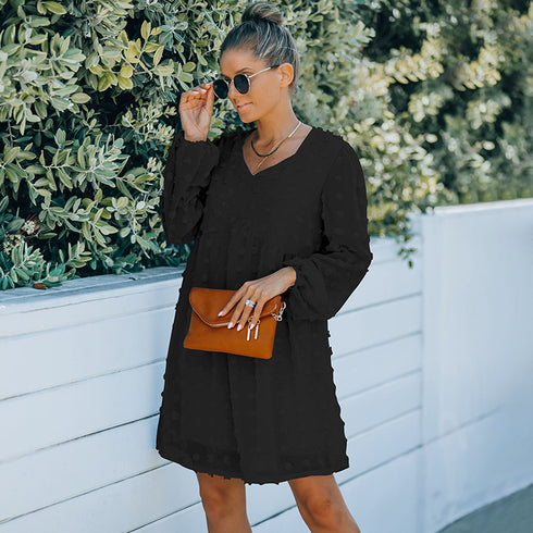 V Neck Women's Fit Dress Doll Dress Jacquard Dress