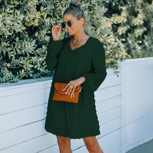 V Neck Women's Fit Dress Doll Dress Jacquard Dress