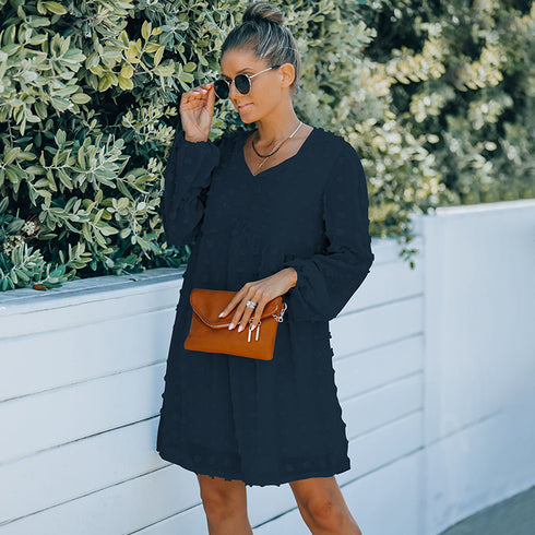 V Neck Women's Fit Dress Doll Dress Jacquard Dress