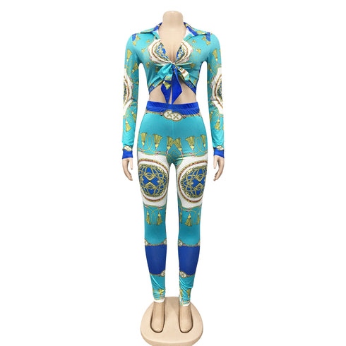 Western Stylish Printed V-neck Women's Two Piece Outfits