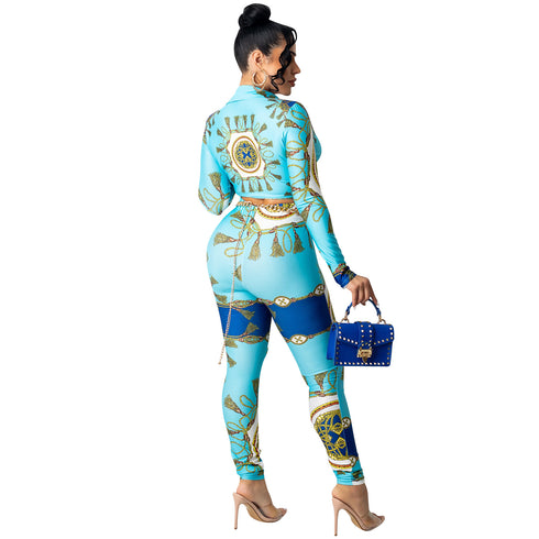 Western Stylish Printed V-neck Women's Two Piece Outfits