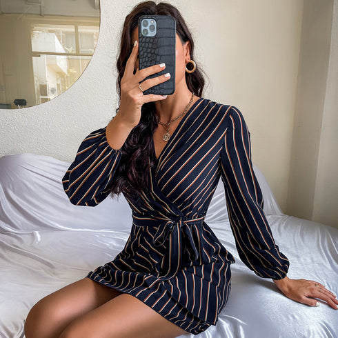 Western Stylish Women's Long Sleeve Stripes V Neck Dresses