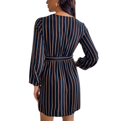 Western Stylish Women's Long Sleeve Stripes V Neck Dresses