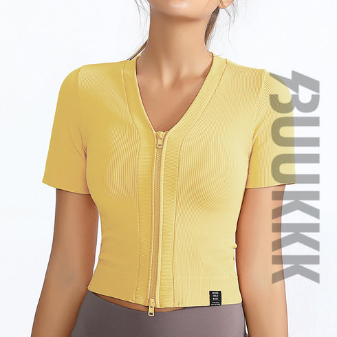 Women's Athletic Running Yoga Zipper V-Neck T-Shirt Top