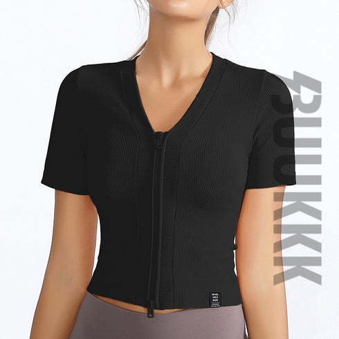 Women's Athletic Running Yoga Zipper V-Neck T-Shirt Top